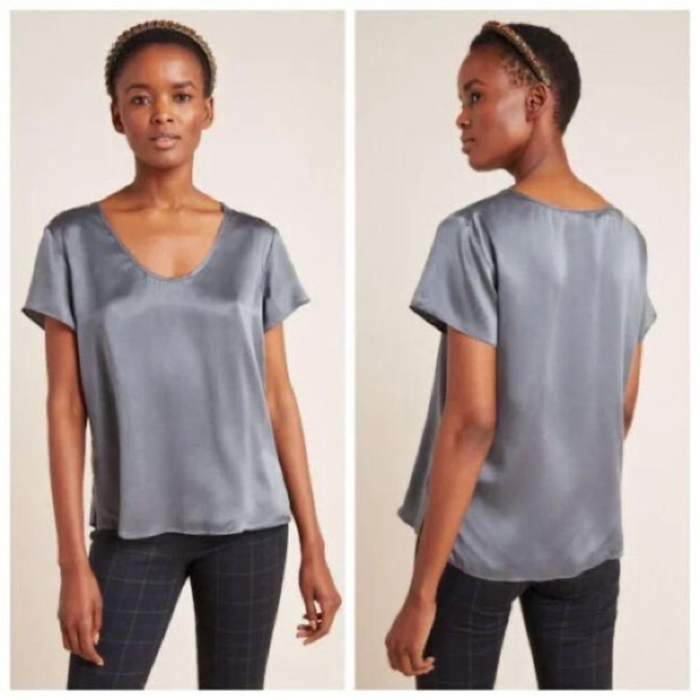Anthropologie Lucy 100% Silk Grey Short Sleeves Curbed Neckline Blouse Top XS